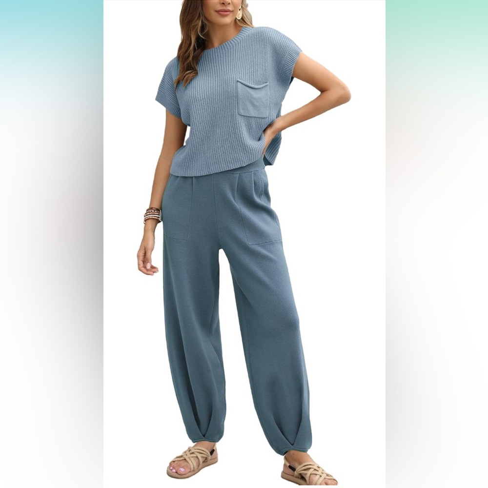 Woven Knit Pocket Jumpsuit - Dusty Blue